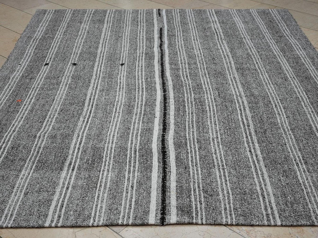 White Stripe Gray-Vintage Scandinavian Style Turkish Kilim Rug,7x8.2 Ft,Cotton - Goat-Hair Mix Rugs.
