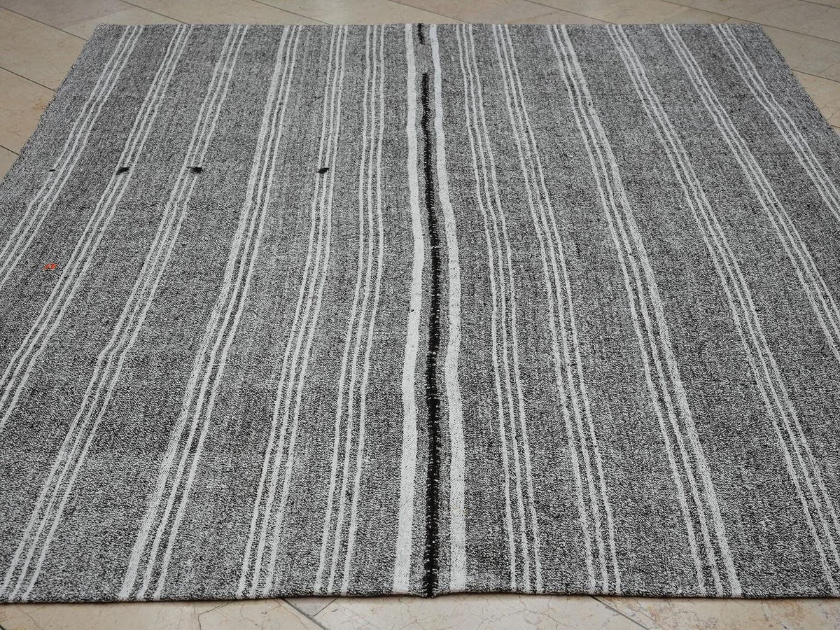 White Stripe Gray-Vintage Scandinavian Style Turkish Kilim Rug,7x8.2 Ft,Cotton - Goat-Hair Mix Rugs.