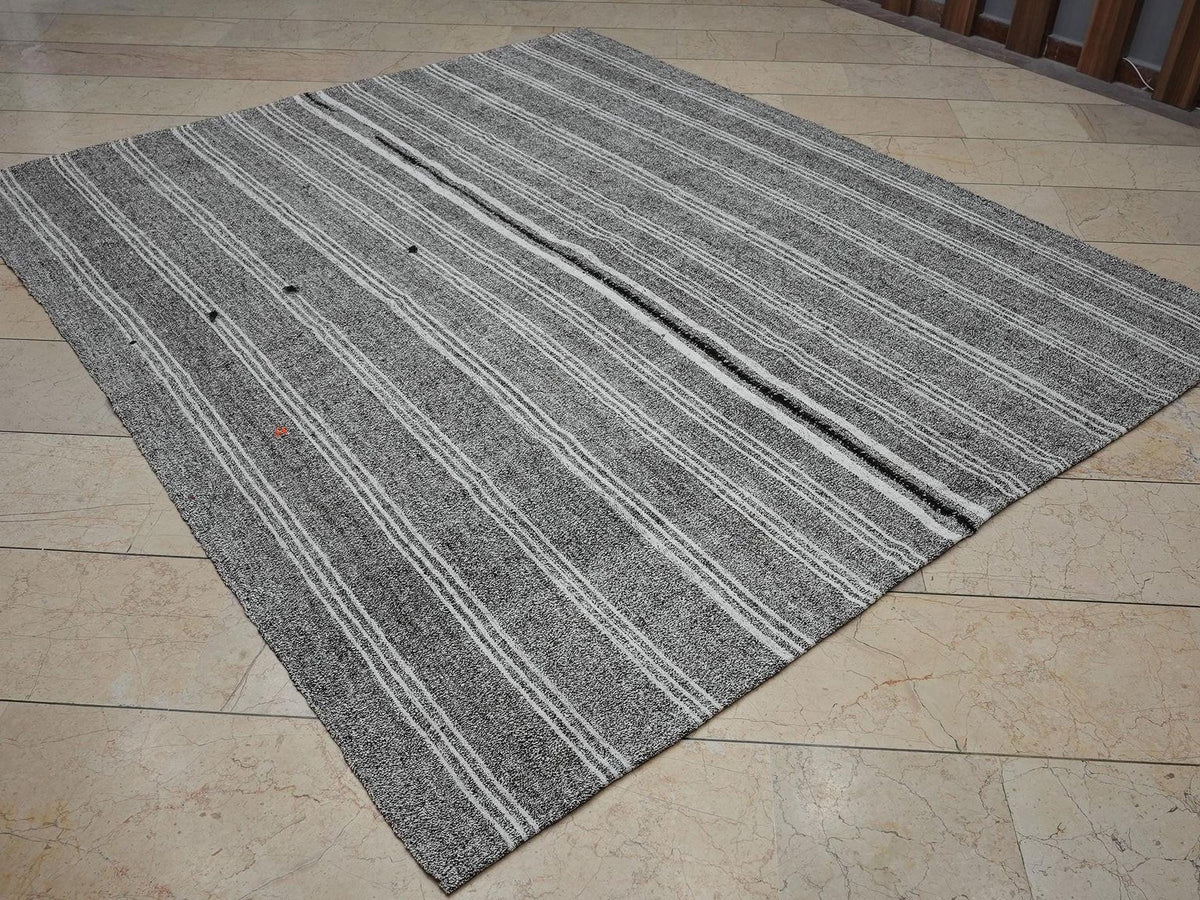 White Stripe Gray-Vintage Scandinavian Style Turkish Kilim Rug,7x8.2 Ft,Cotton - Goat-Hair Mix Rugs.