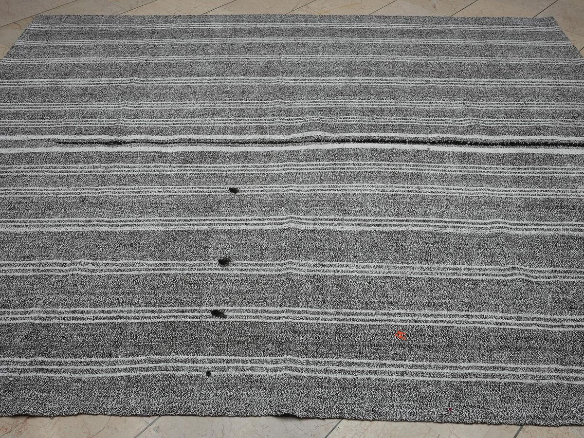 White Stripe Gray-Vintage Scandinavian Style Turkish Kilim Rug,7x8.2 Ft,Cotton - Goat-Hair Mix Rugs.