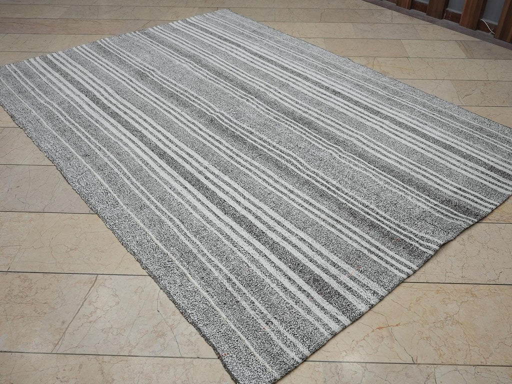 White Stripe Gray Turkish Kilim Rug: 6x8.4 Feet, Natural Cotton And Goat Hair Rugs.