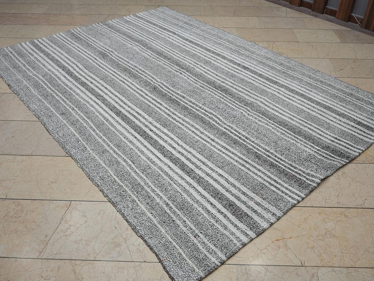 White Stripe Gray Turkish Kilim Rug: 6x8.4 Feet, Natural Cotton And Goat Hair Rugs.