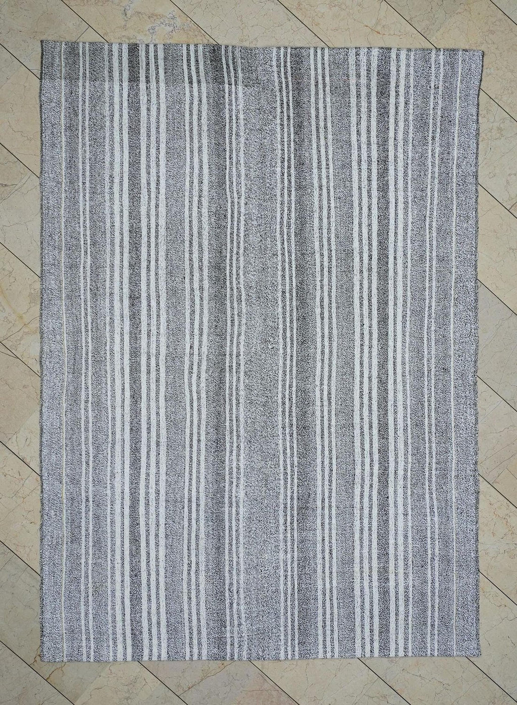 White Stripe Gray Turkish Kilim Rug: 6x8.4 Feet, Natural Cotton And Goat Hair Rugs.