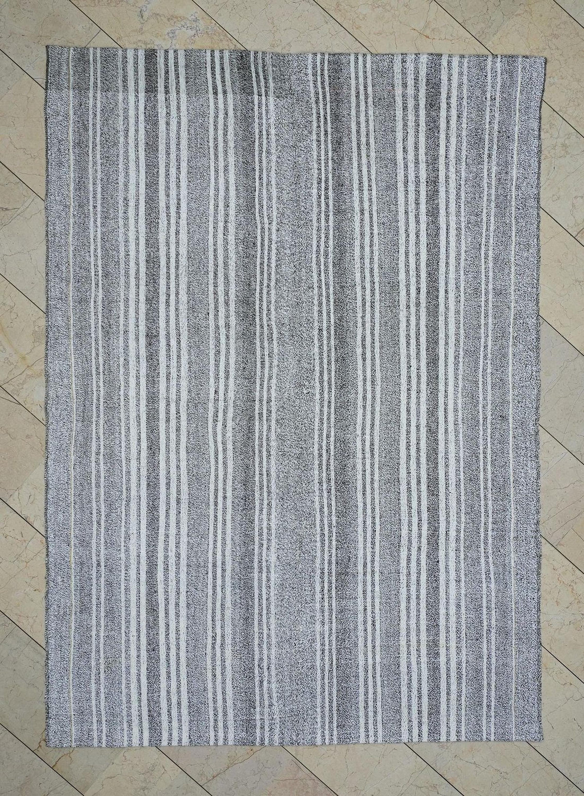 White Stripe Gray Turkish Kilim Rug: 6x8.4 Feet, Natural Cotton And Goat Hair Rugs.
