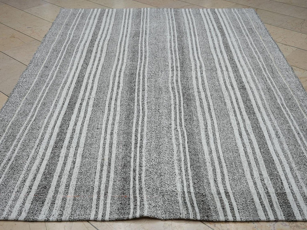 White Stripe Gray Turkish Kilim Rug: 6x8.4 Feet, Natural Cotton And Goat Hair Rugs.