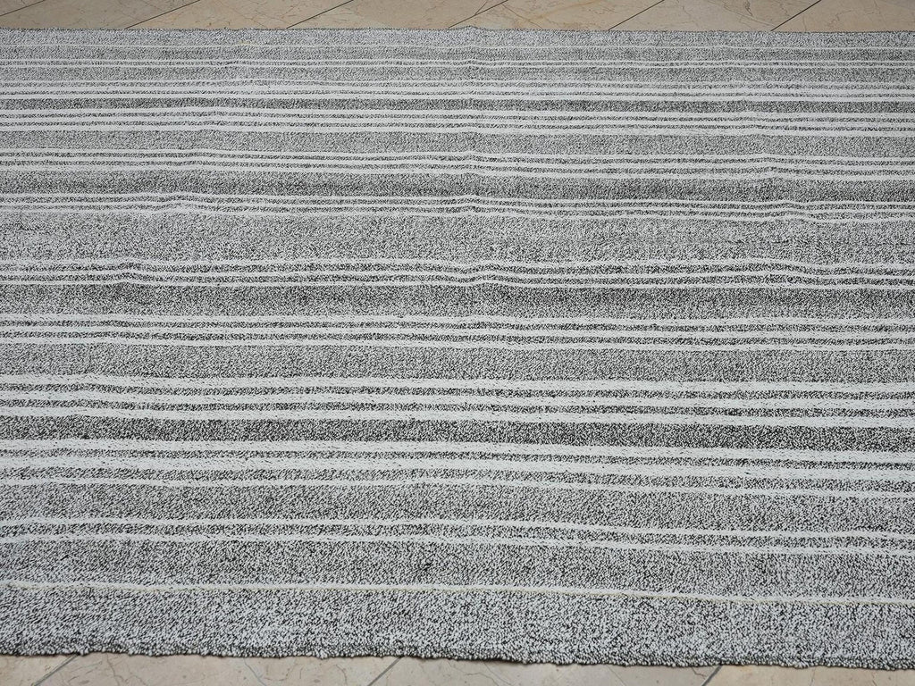 White Stripe Gray Turkish Kilim Rug: 6x8.4 Feet, Natural Cotton And Goat Hair Rugs.