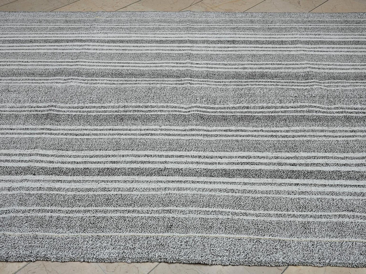White Stripe Gray Turkish Kilim Rug: 6x8.4 Feet, Natural Cotton And Goat Hair Rugs.
