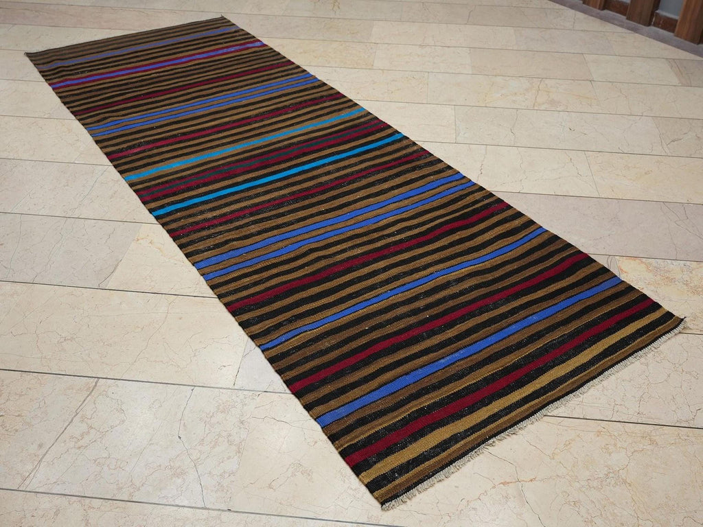 Saffron Striped Flat-weave Turkish Wool Kilim Rug: 3.1x8.7 Feet,Mid Century Modern Rugs