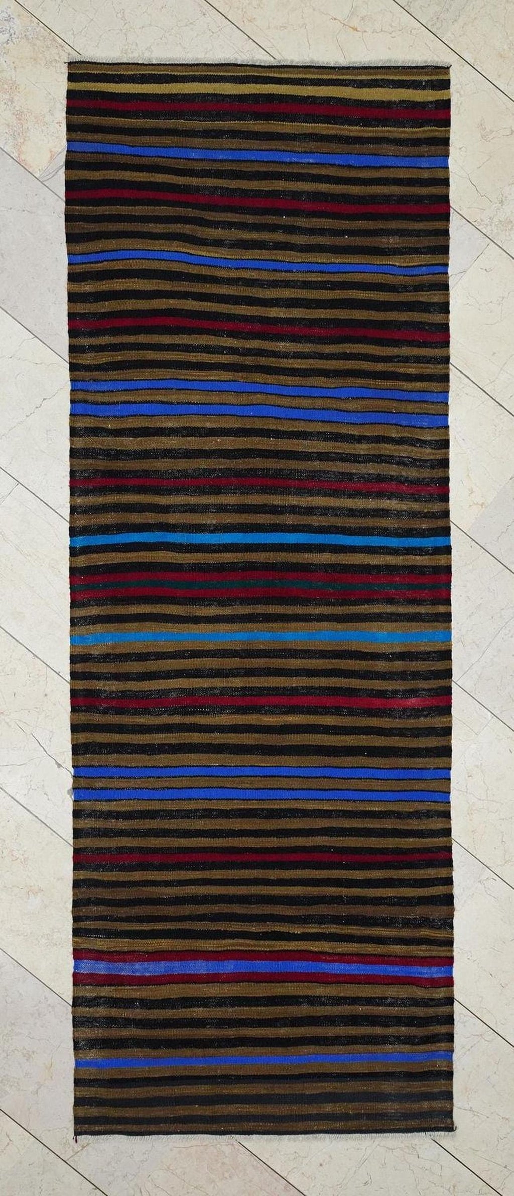 Saffron Striped Flat-weave Turkish Wool Kilim Rug: 3.1x8.7 Feet,Mid Century Modern Rugs