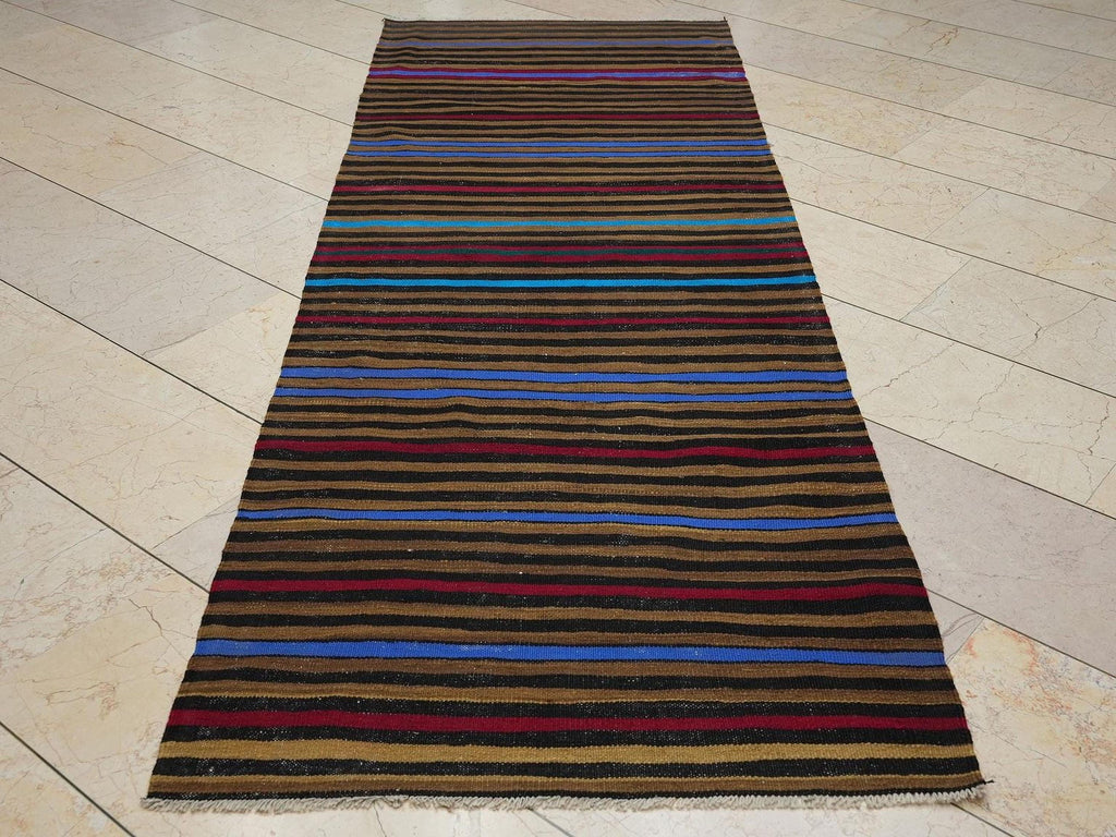 Saffron Striped Flat-weave Turkish Wool Kilim Rug: 3.1x8.7 Feet,Mid Century Modern Rugs