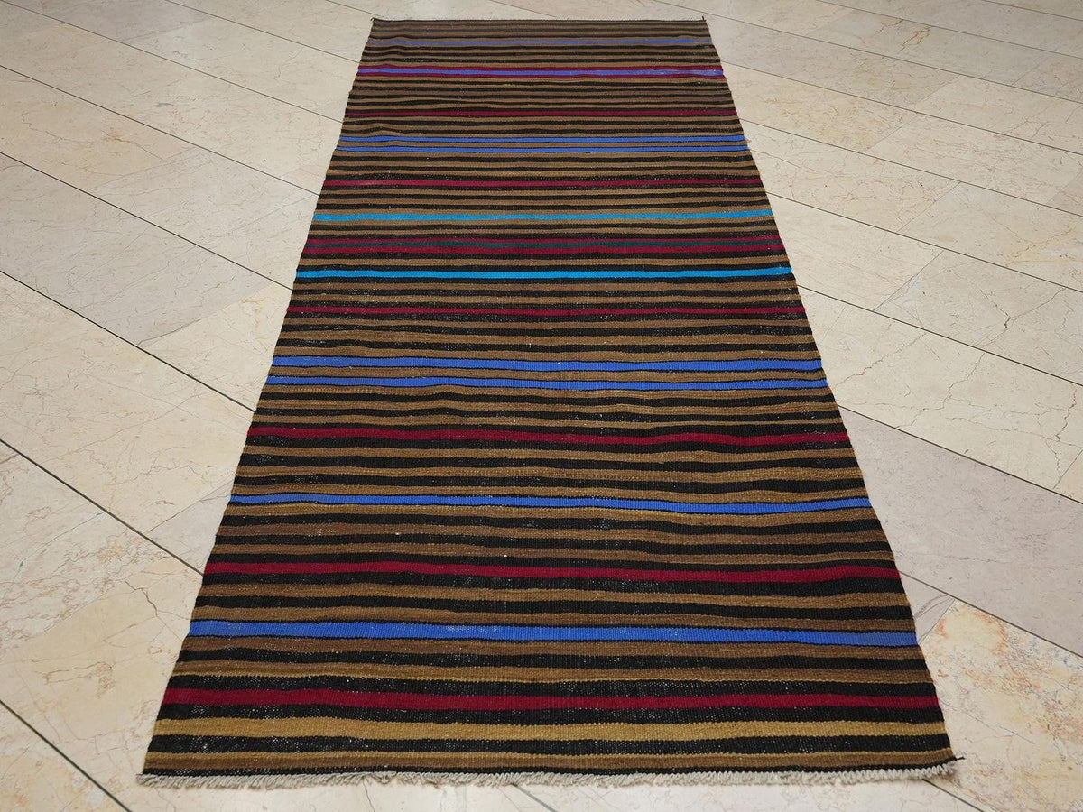 Saffron Striped Flat-weave Turkish Wool Kilim Rug: 3.1x8.7 Feet,Mid Century Modern Rugs