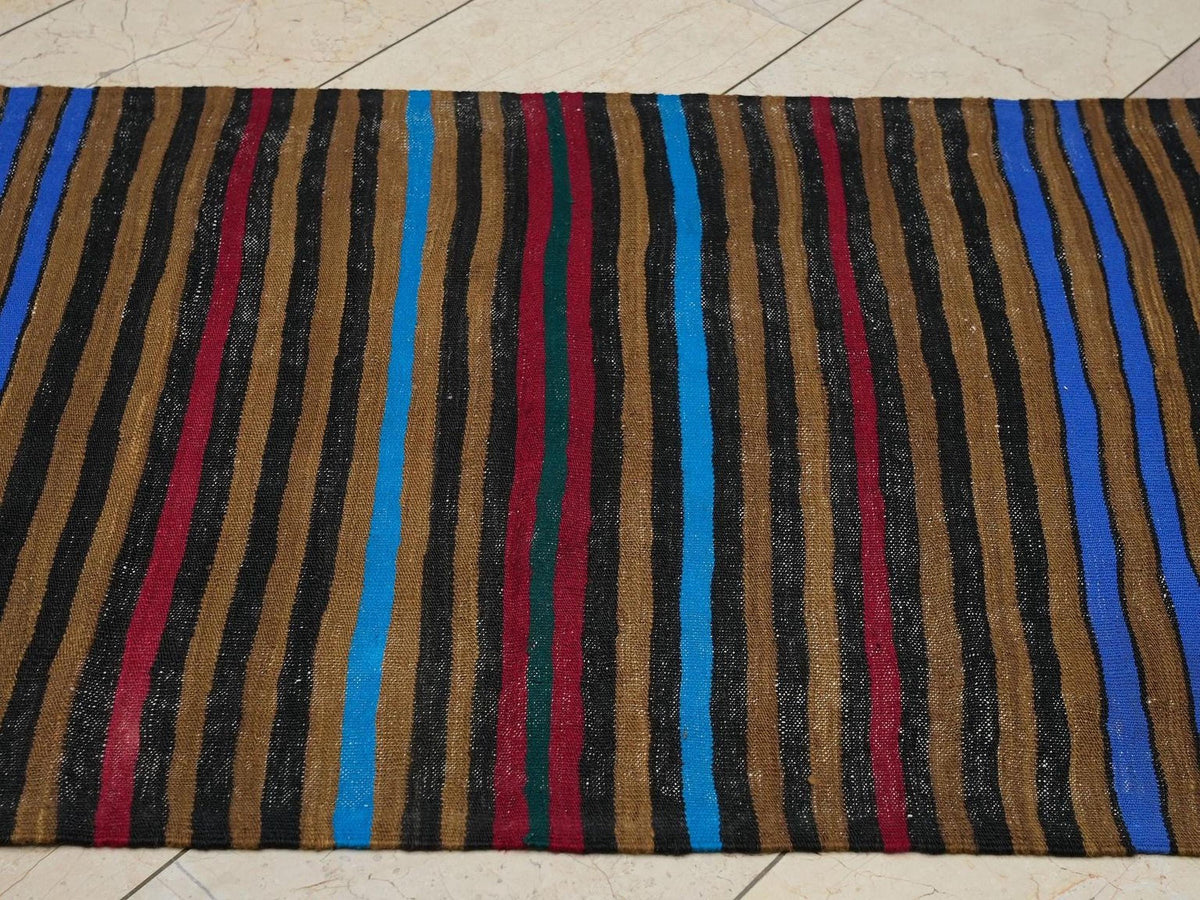 Saffron Striped Flat-weave Turkish Wool Kilim Rug: 3.1x8.7 Feet,Mid Century Modern Rugs