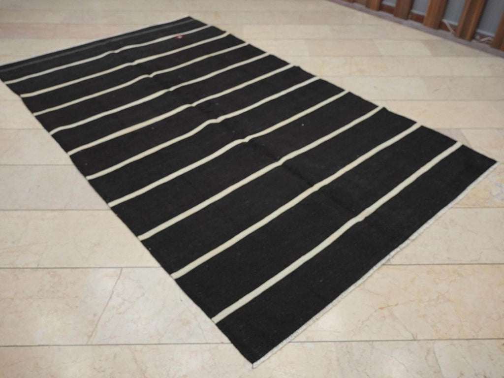 Vintage Turkish Kilim Rug: Goat Hair Flat Weave, Dark Brown Cream Rugs, 5.1x8.5 Feet.