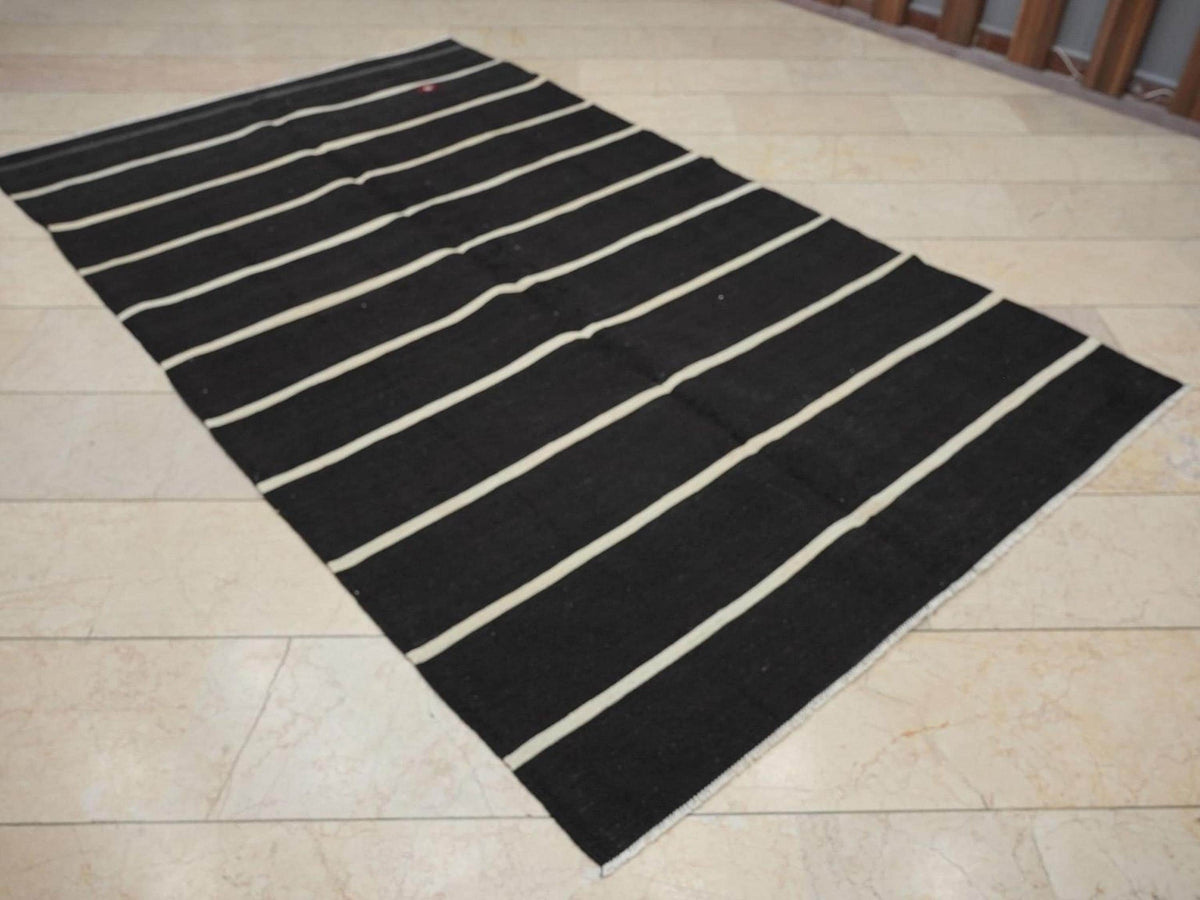 Vintage Turkish Kilim Rug: Goat Hair Flat Weave, Dark Brown Cream Rugs, 5.1x8.5 Feet.