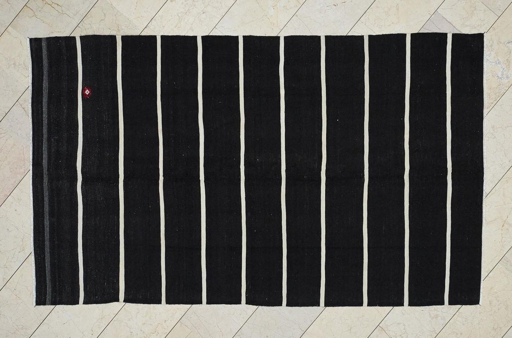 Vintage Turkish Kilim Rug: Goat Hair Flat Weave, Dark Brown Cream Rugs, 5.1x8.5 Feet.