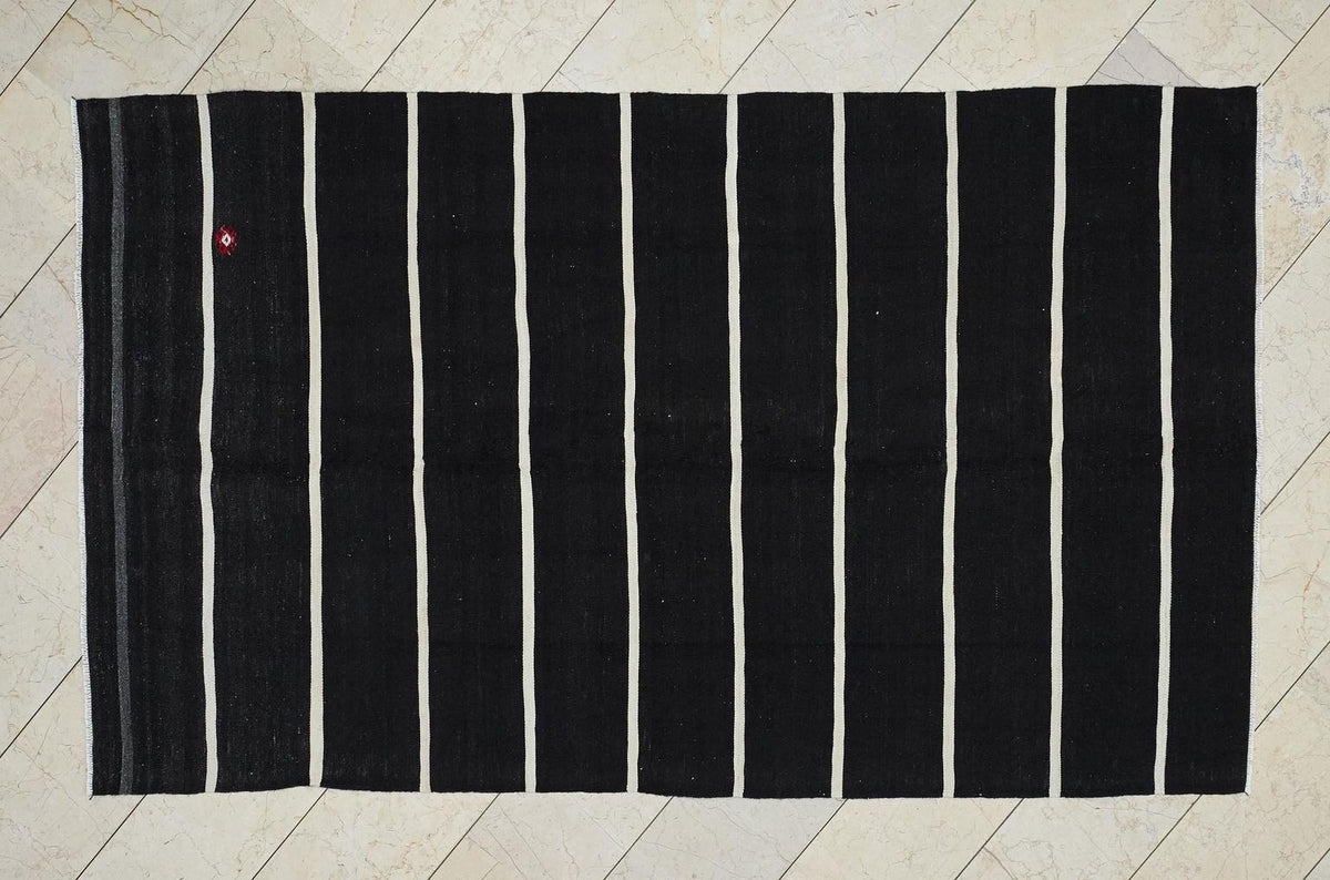 Vintage Turkish Kilim Rug: Goat Hair Flat Weave, Dark Brown Cream Rugs, 5.1x8.5 Feet.