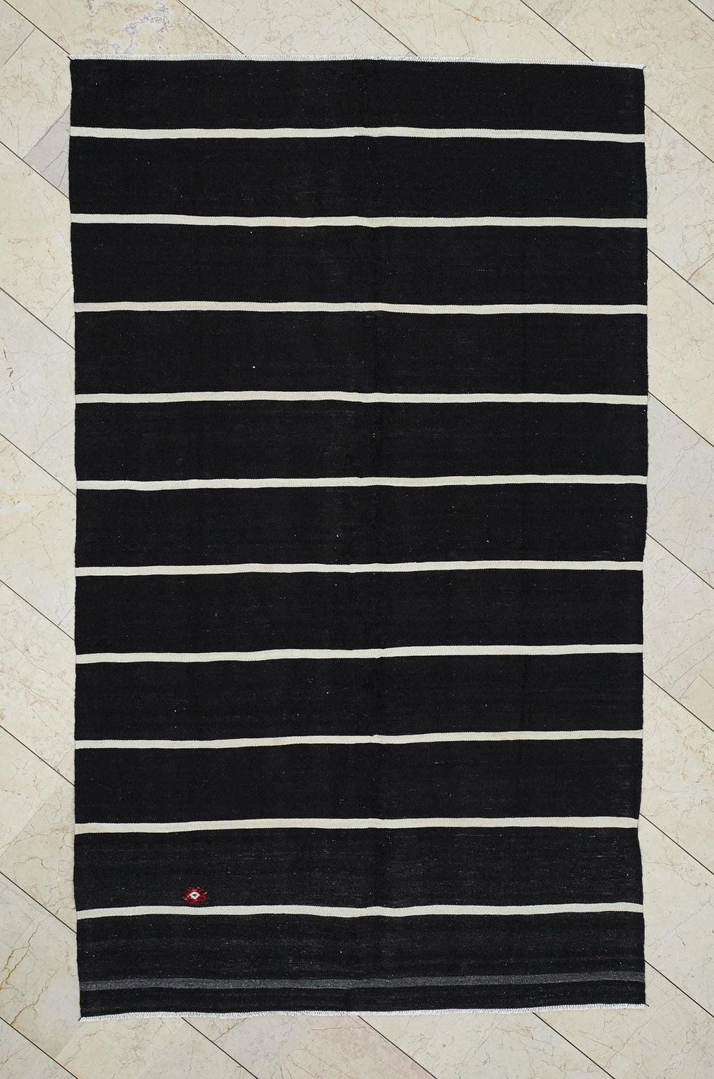Vintage Turkish Kilim Rug: Goat Hair Flat Weave, Dark Brown Cream Rugs, 5.1x8.5 Feet.