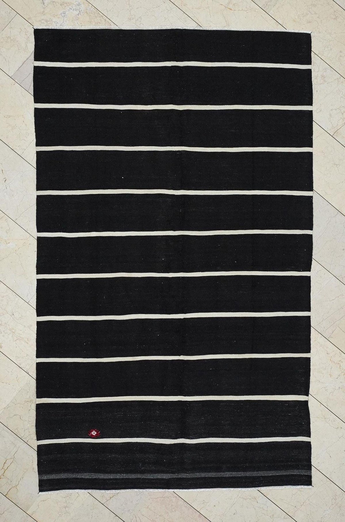 Vintage Turkish Kilim Rug: Goat Hair Flat Weave, Dark Brown Cream Rugs, 5.1x8.5 Feet.