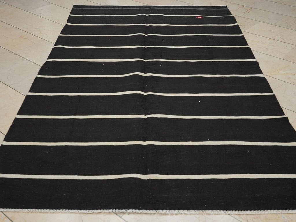 Vintage Turkish Kilim Rug: Goat Hair Flat Weave, Dark Brown Cream Rugs, 5.1x8.5 Feet.