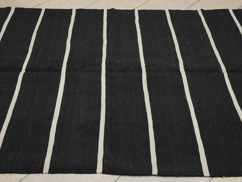 Vintage Turkish Kilim Rug: Goat Hair Flat Weave, Dark Brown Cream Rugs, 5.1x8.5 Feet.