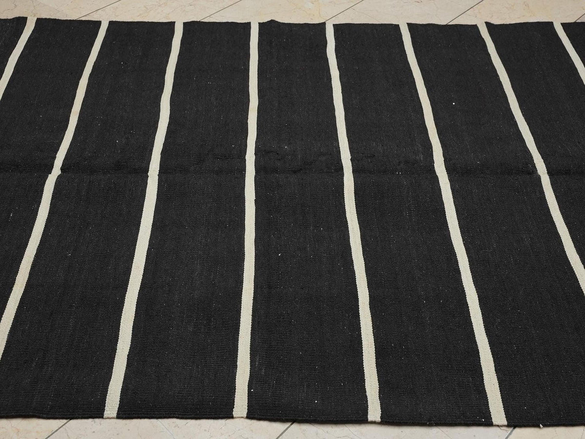 Vintage Turkish Kilim Rug: Goat Hair Flat Weave, Dark Brown Cream Rugs, 5.1x8.5 Feet.