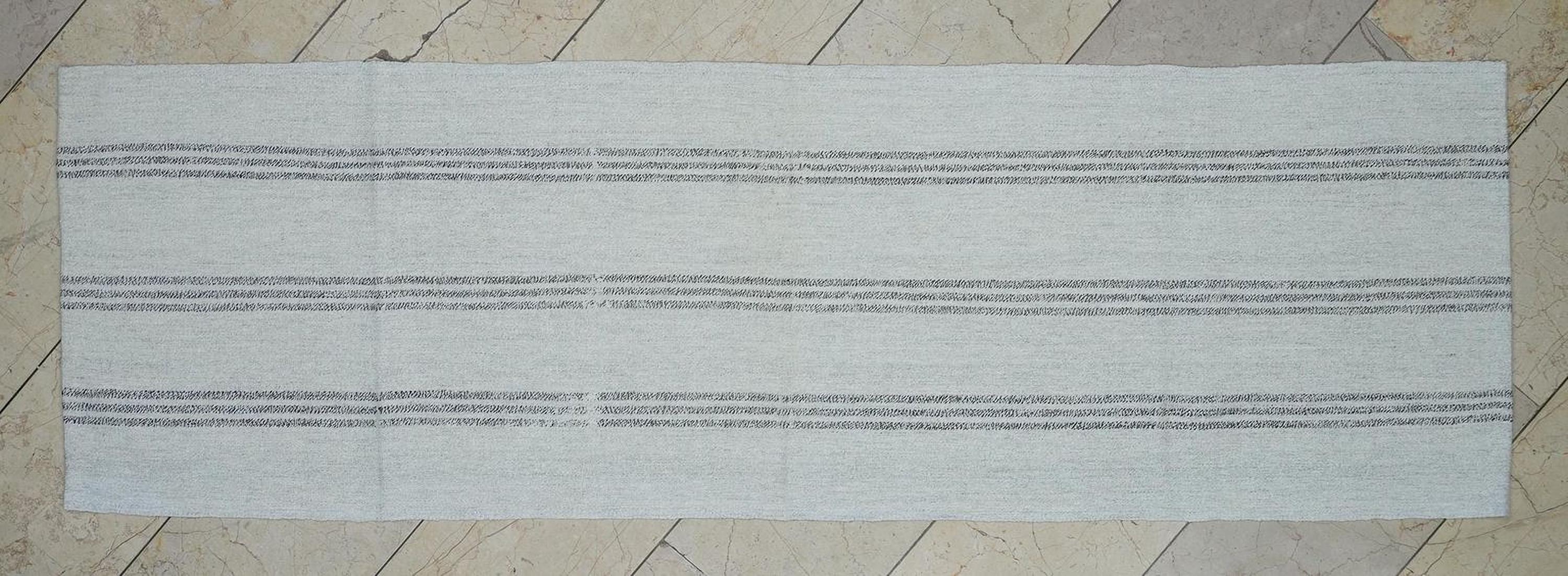 Narrow Turkish Kilim Rug Runner: 2.3x7.4 Feet,Grayish White And Brown Striped Area Rugs.