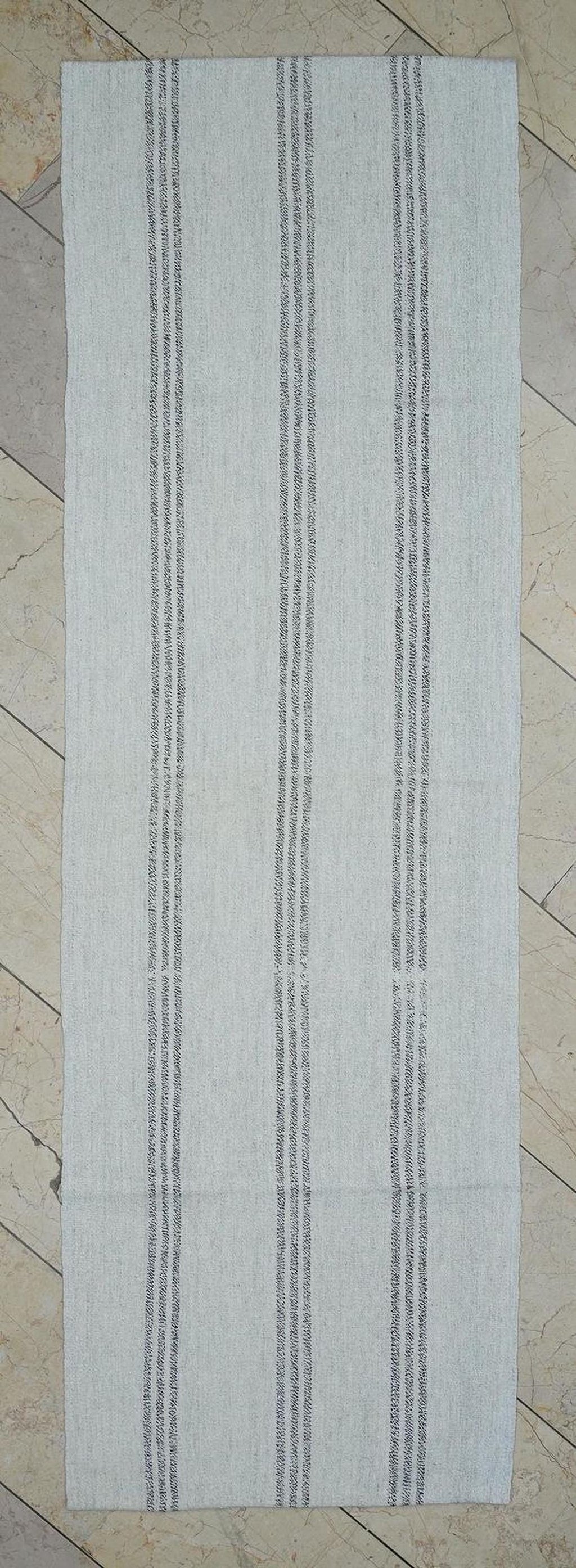 Narrow Turkish Kilim Rug Runner: 2.3x7.4 Feet,Grayish White And Brown Striped Area Rugs.