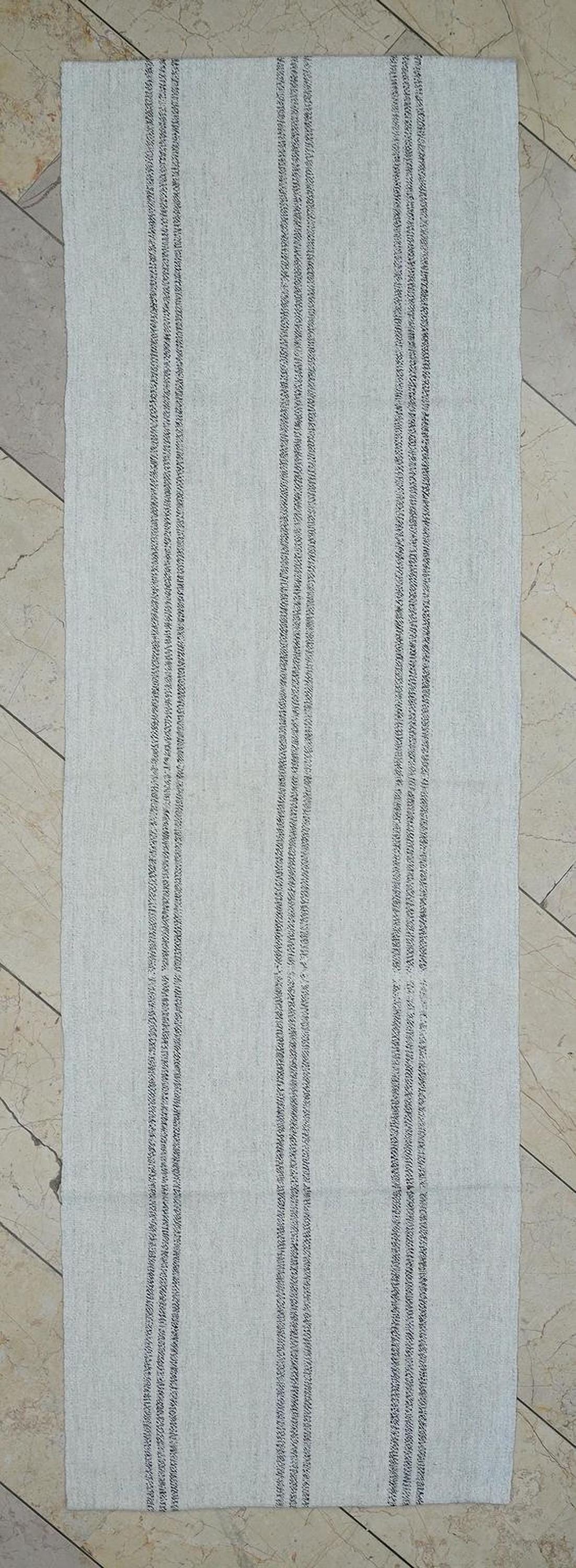 Narrow Turkish Kilim Rug Runner: 2.3x7.4 Feet,Grayish White And Brown Striped Area Rugs.