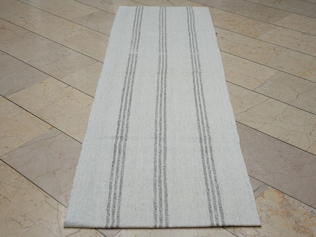 Narrow Turkish Kilim Rug Runner: 2.3x7.4 Feet,Grayish White And Brown Striped Area Rugs.