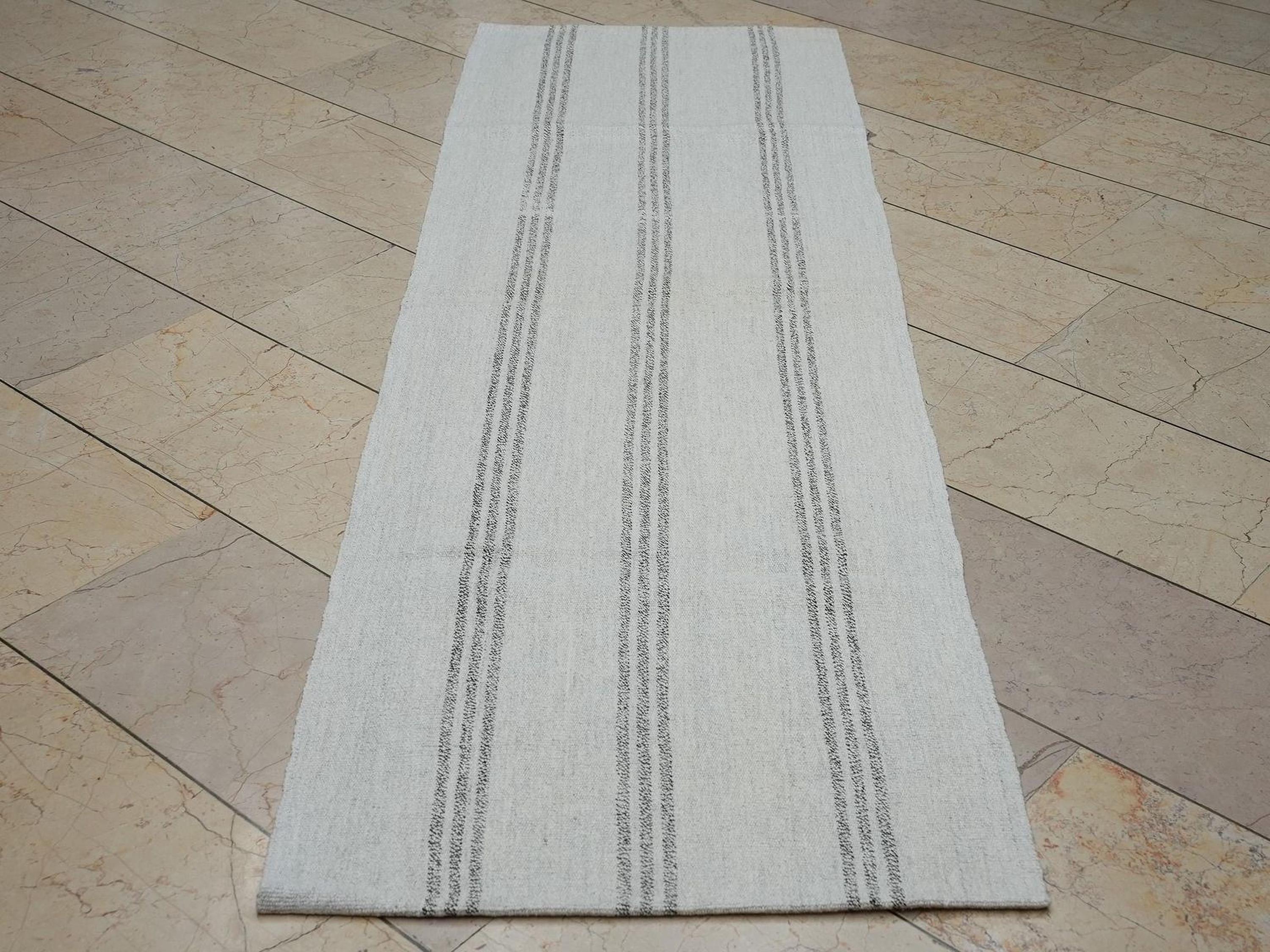 Narrow Turkish Kilim Rug Runner: 2.3x7.4 Feet,Grayish White And Brown Striped Area Rugs.