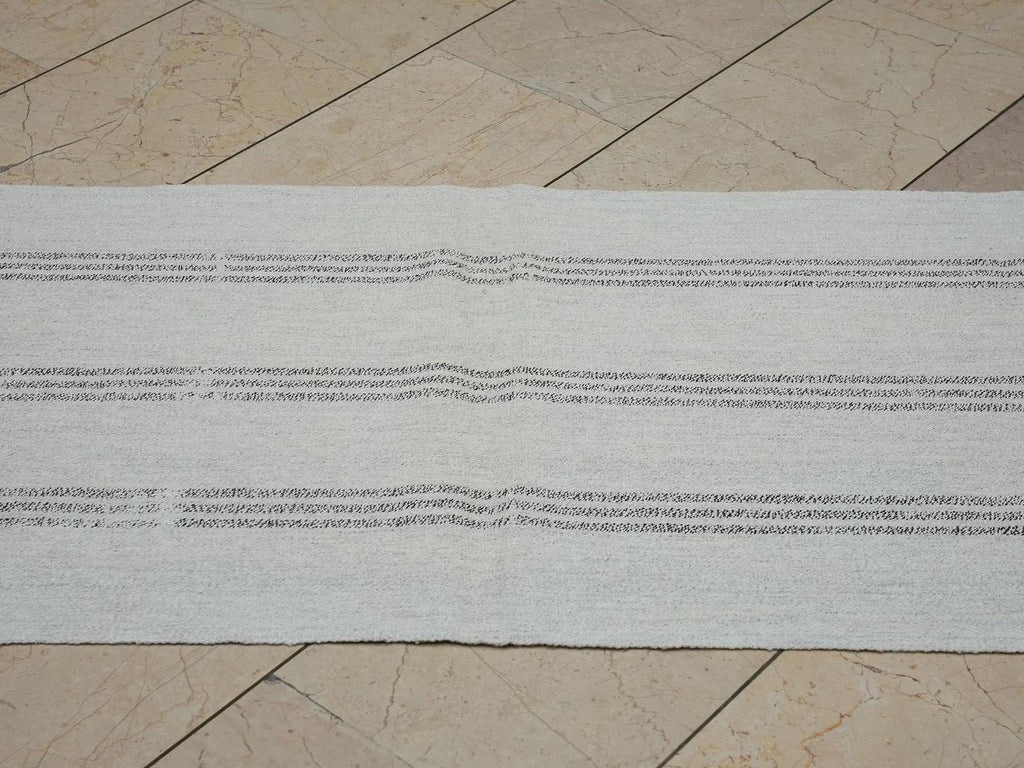Narrow Turkish Kilim Rug Runner: 2.3x7.4 Feet,Grayish White And Brown Striped Area Rugs.