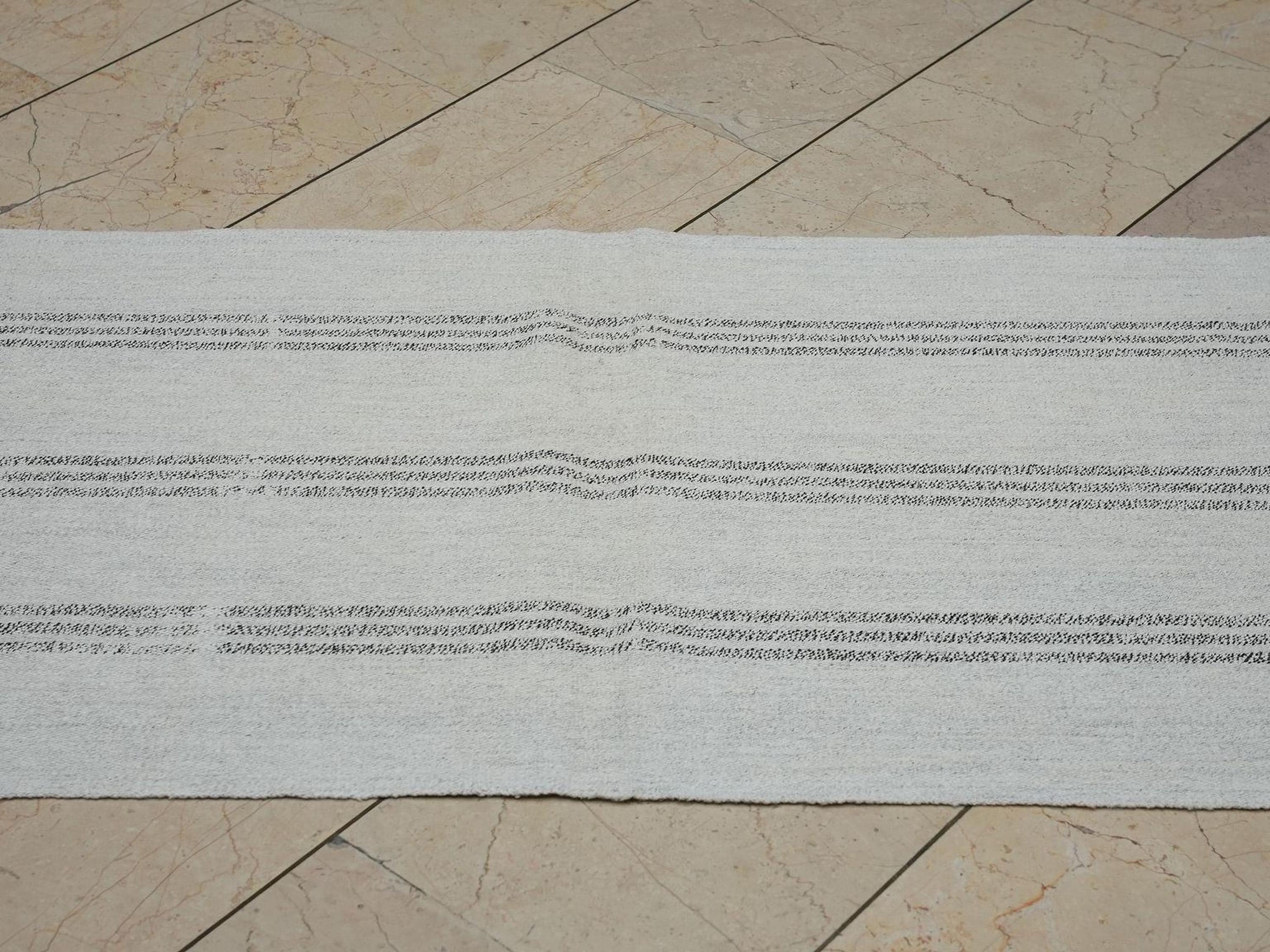 Narrow Turkish Kilim Rug Runner: 2.3x7.4 Feet,Grayish White And Brown Striped Area Rugs.
