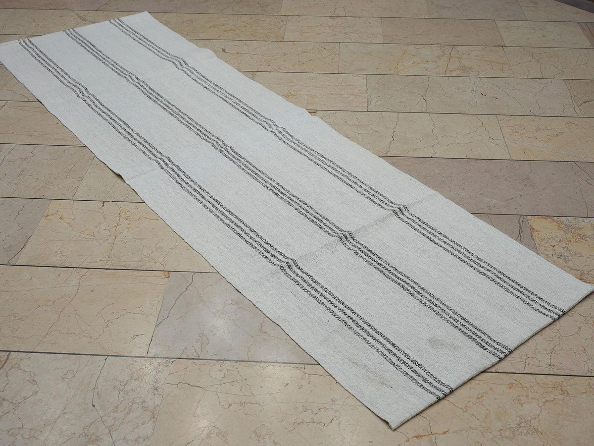Turkish Rug Runner,Ivory And Brown Stripe Scandinavian Style Kilim,2.4x7.9 Feet.