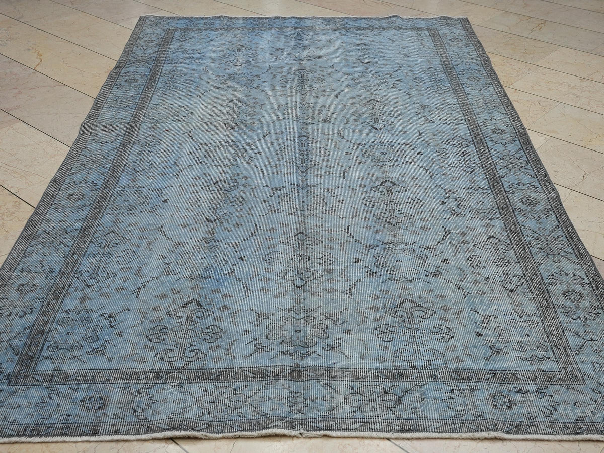 Overdye Light Blue Vintage Turkish Wool Oushak Rug: 5.5x8.9 Feet,Bohemian Style Decor Rugs.