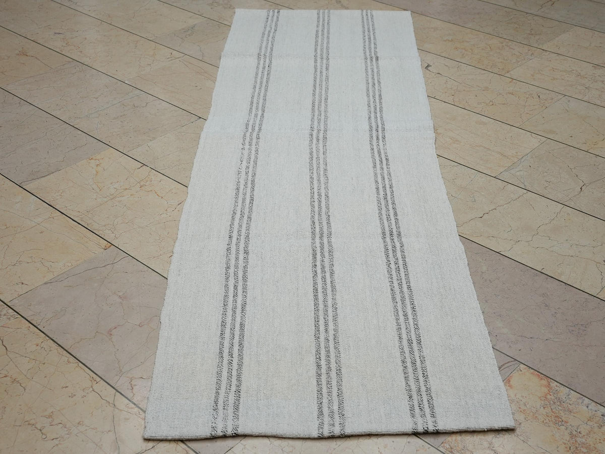 Narrow Turkish Flat-weave Rug Runner: 2.3x7.5 Ft,ivory And Gray Stripe Cotton Rugs.
