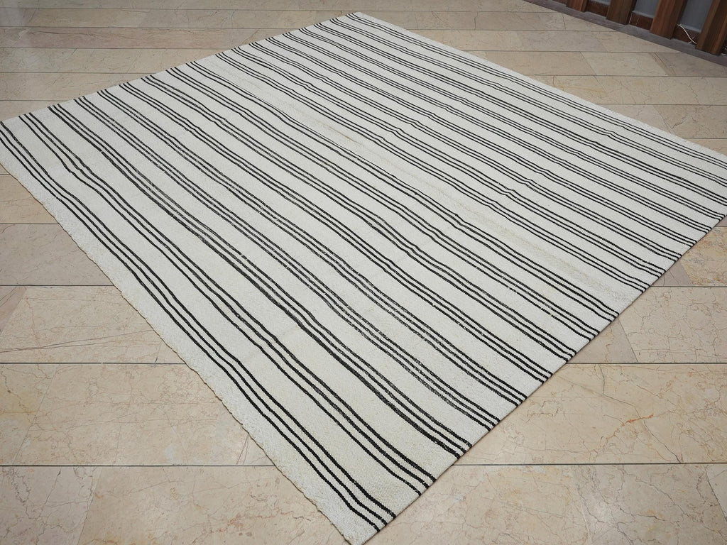 7x8 Square Size: Black Stripe White Flat-weave Turkish Kilim Rug,Scandinavian Home Style Rugs.