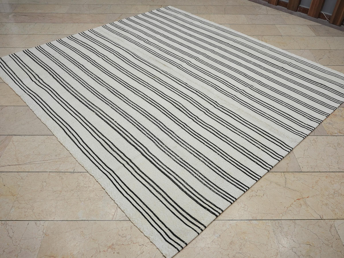 7x8 Square Size: Black Stripe White Flat-weave Turkish Kilim Rug,Scandinavian Home Style Rugs.