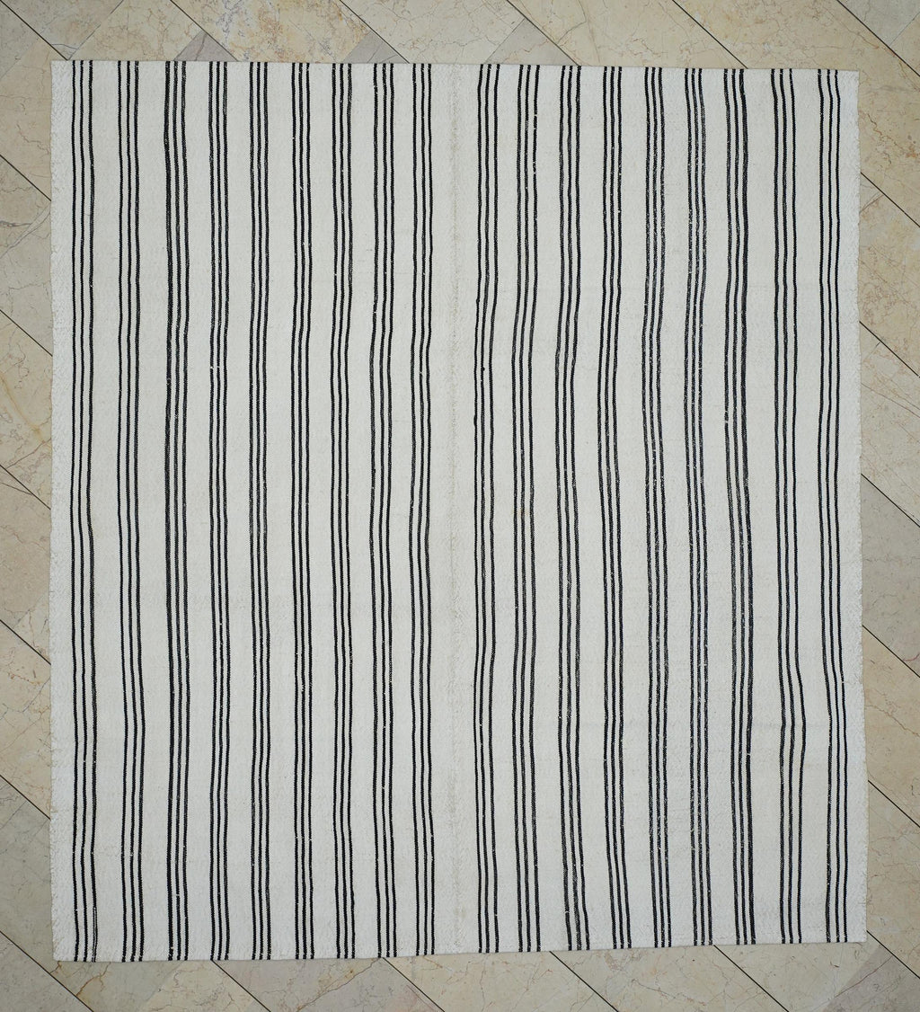 7x8 Square Size: Black Stripe White Flat-weave Turkish Kilim Rug,Scandinavian Home Style Rugs.