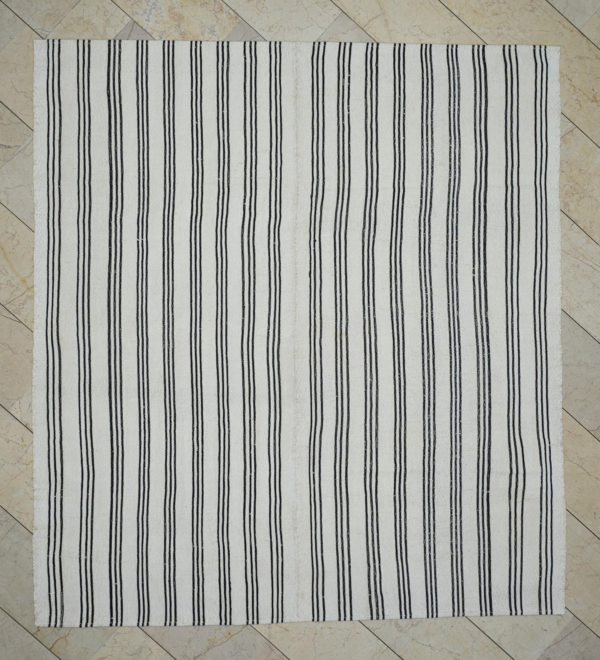 7x8 Square Size: Black Stripe White Flat-weave Turkish Kilim Rug,Scandinavian Home Style Rugs.