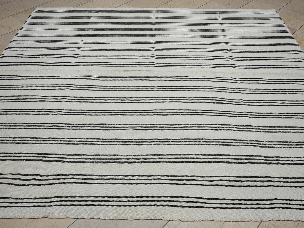 7x8 Square Size: Black Stripe White Flat-weave Turkish Kilim Rug,Scandinavian Home Style Rugs.