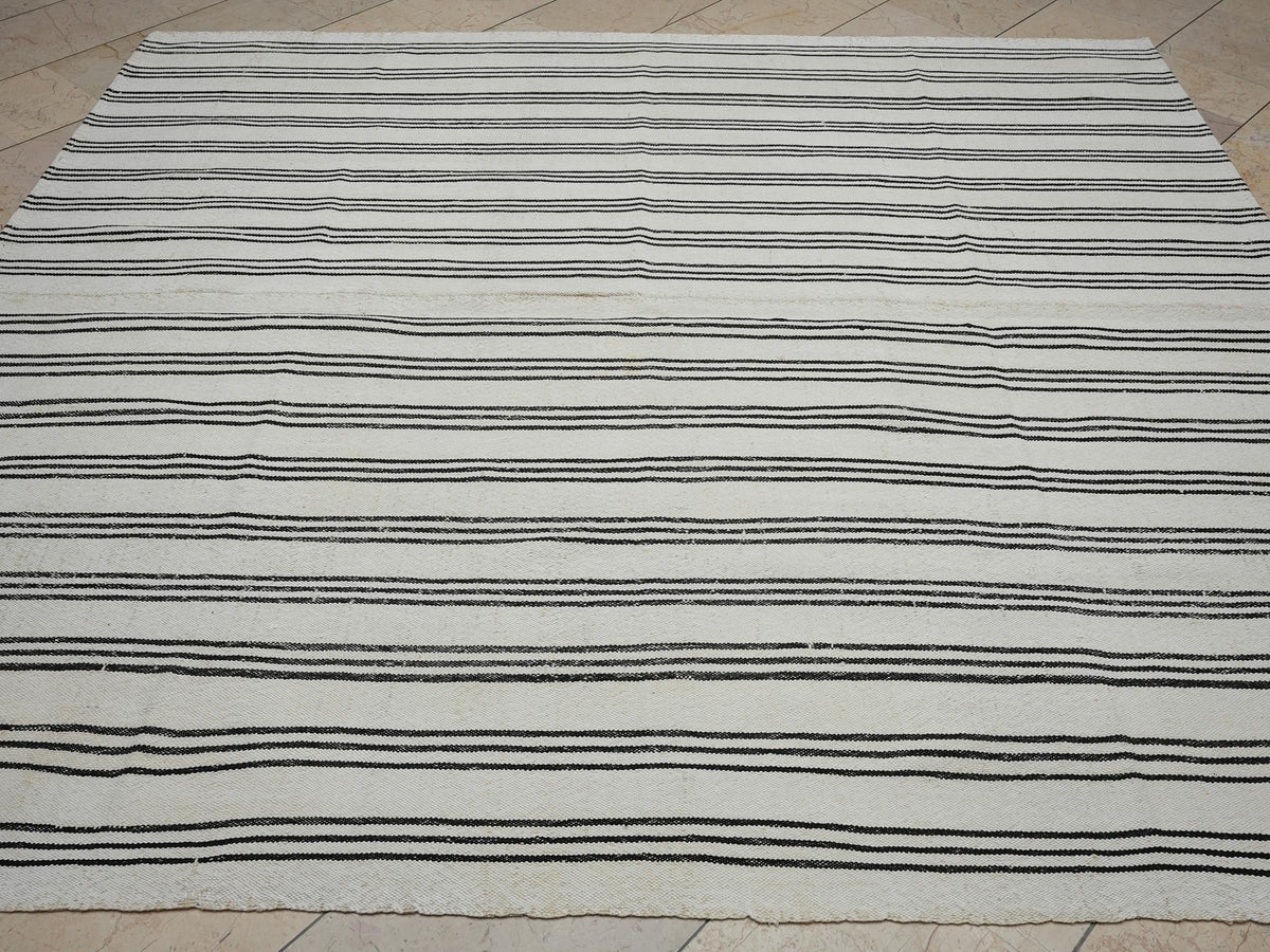 7x8 Square Size: Black Stripe White Flat-weave Turkish Kilim Rug,Scandinavian Home Style Rugs.