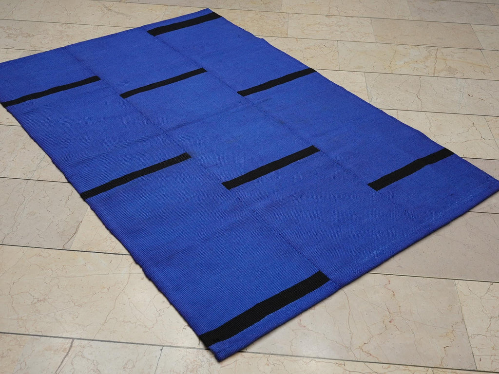 4x6 Overdye Blue Wool Turkish Kilim Rug: Mid Century Modern Rug.