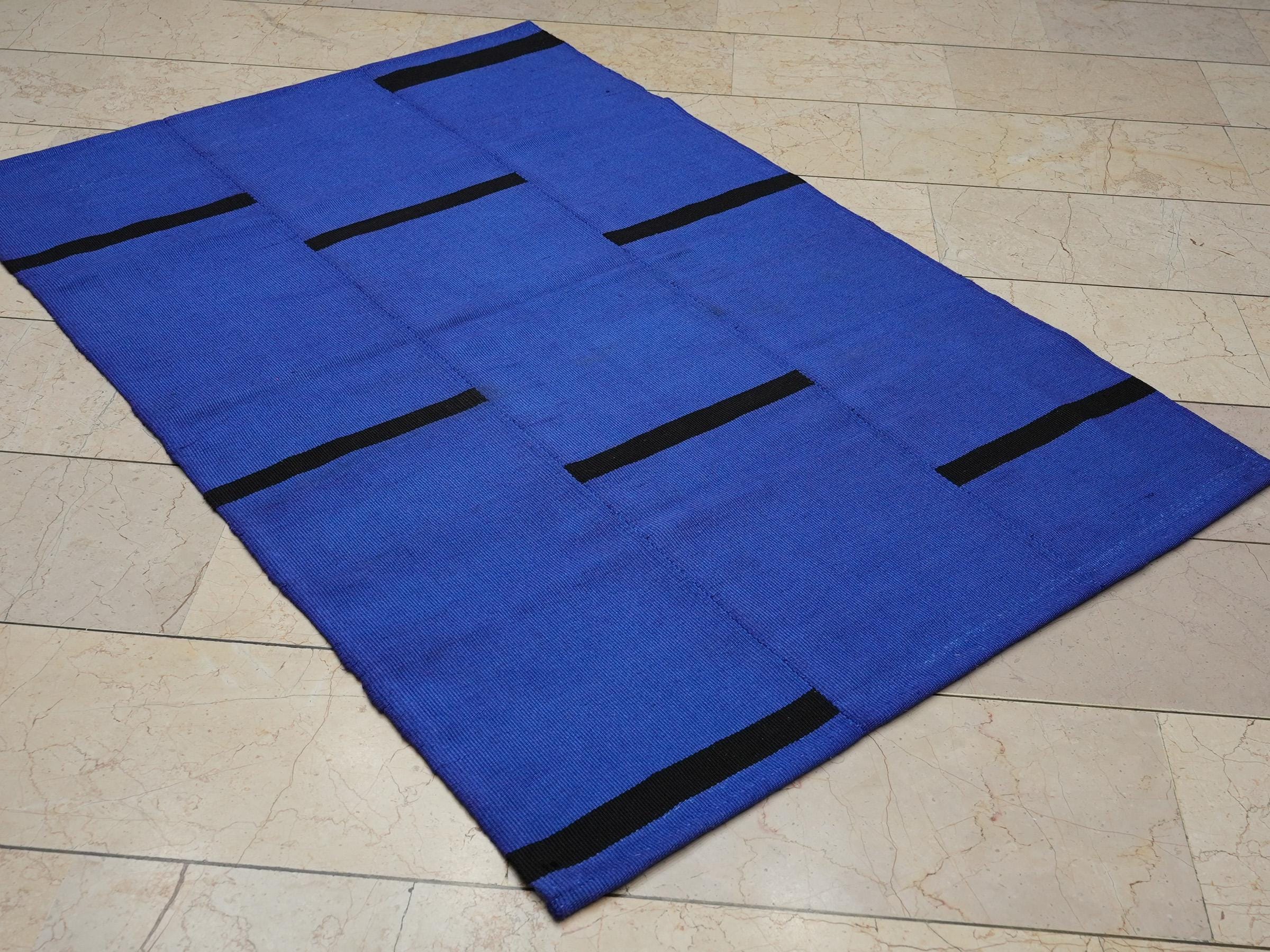 4x6 Overdye Blue Wool Turkish Kilim Rug: Mid Century Modern Rug.