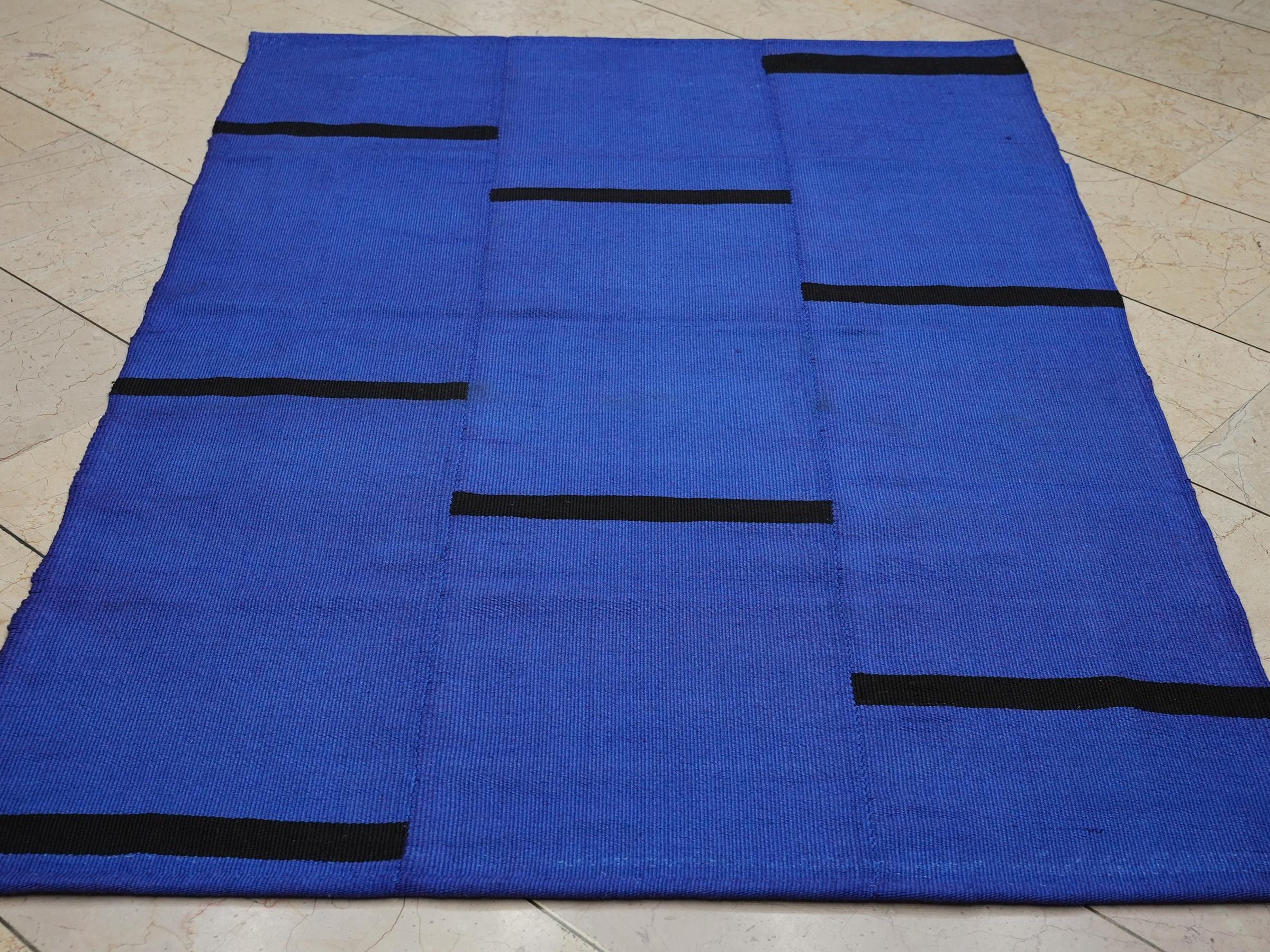 4x6 Overdye Blue Wool Turkish Kilim Rug: Mid Century Modern Rug.