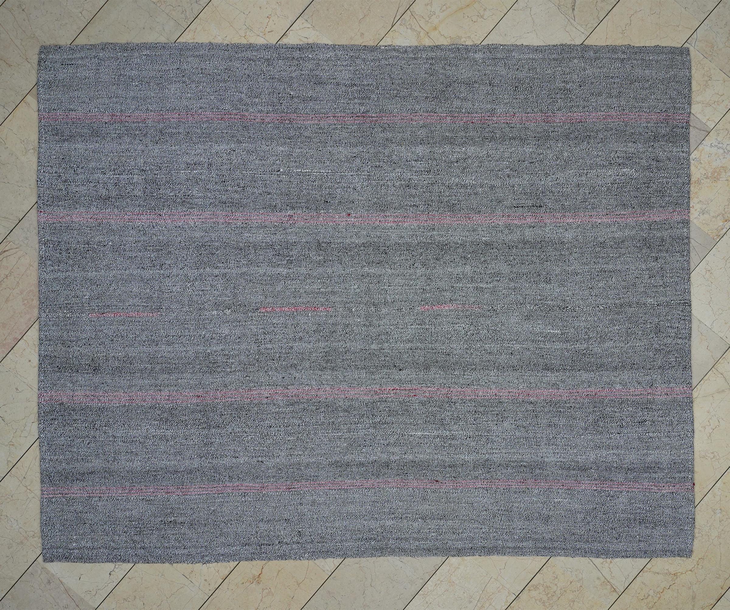 Pink Stripe Gray Vintage Turkish Kilim Rug: 6.7x8.3 Feet,Cotton And Goat Hair Rugs.