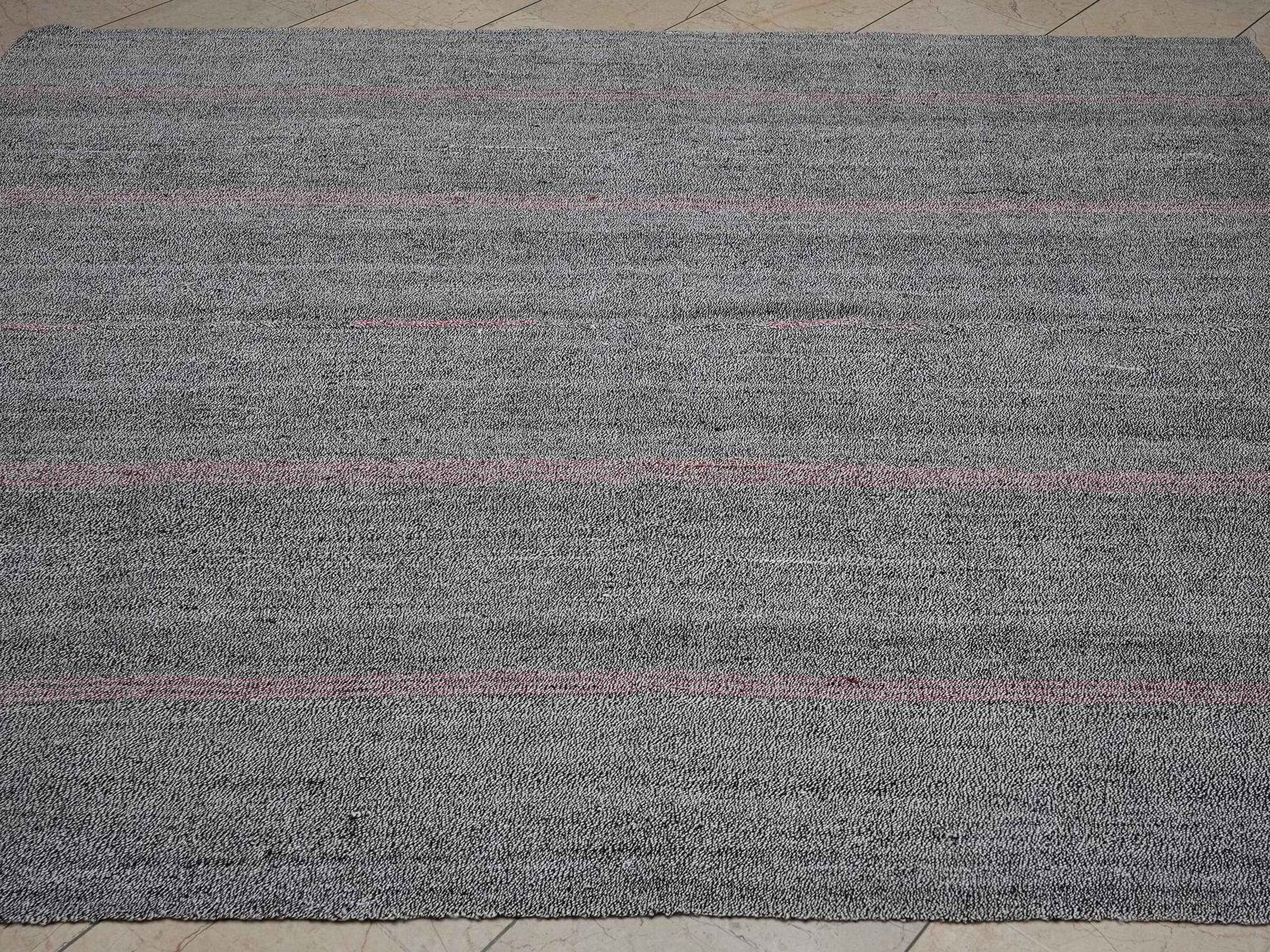 Pink Stripe Gray Vintage Turkish Kilim Rug: 6.7x8.3 Feet,Cotton And Goat Hair Rugs.