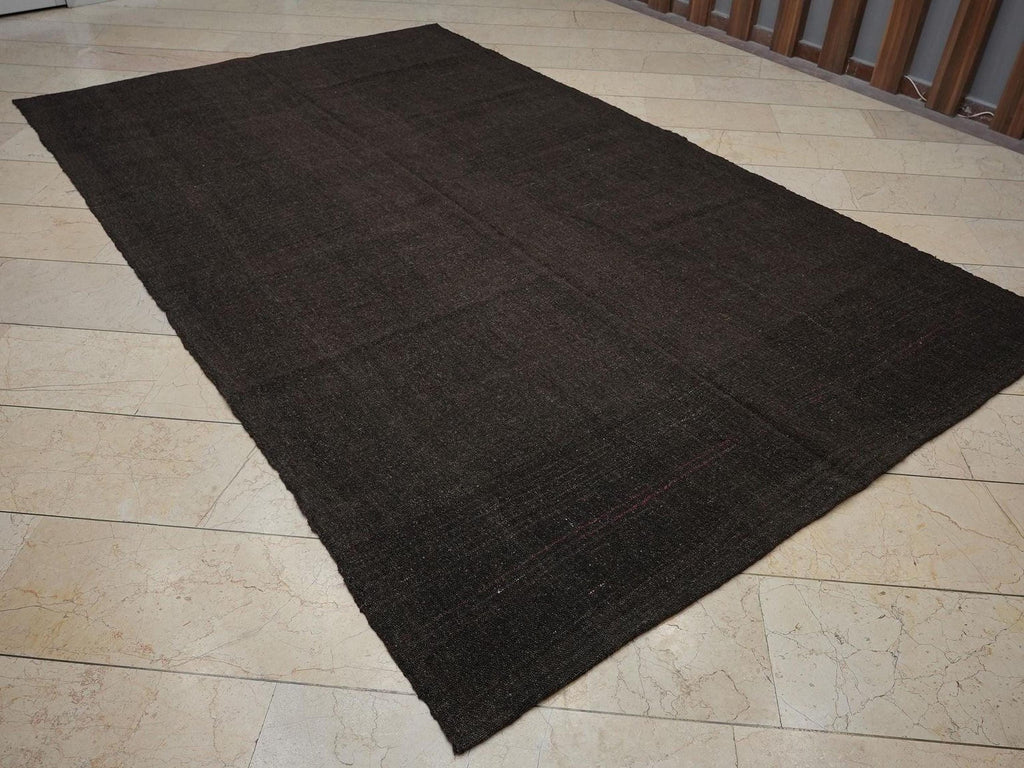 Natural Plain Dark Brown Turkish Kilim Rug: 6.4x10.5 Feet,Nomadic Goat Hair Rugs.