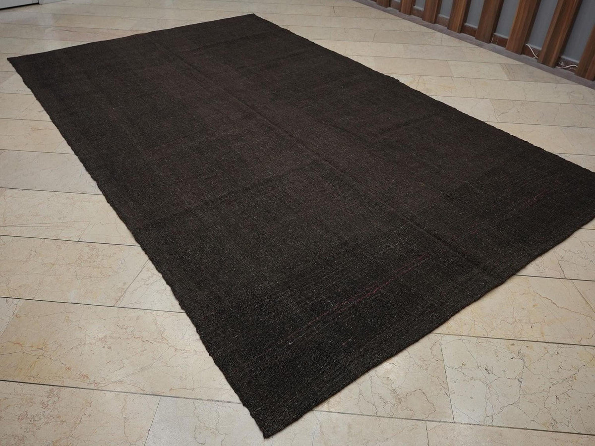 Natural Plain Dark Brown Turkish Kilim Rug: 6.4x10.5 Feet,Nomadic Goat Hair Rugs.
