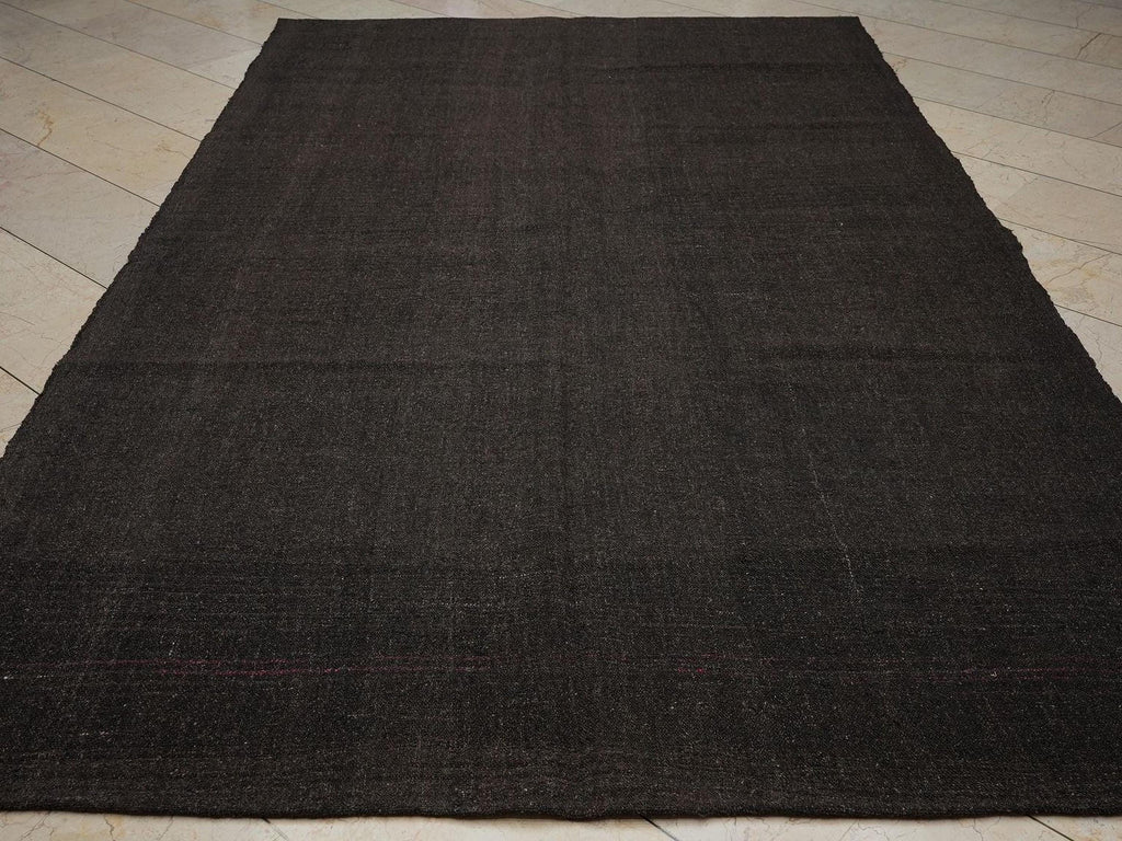 Natural Plain Dark Brown Turkish Kilim Rug: 6.4x10.5 Feet,Nomadic Goat Hair Rugs.