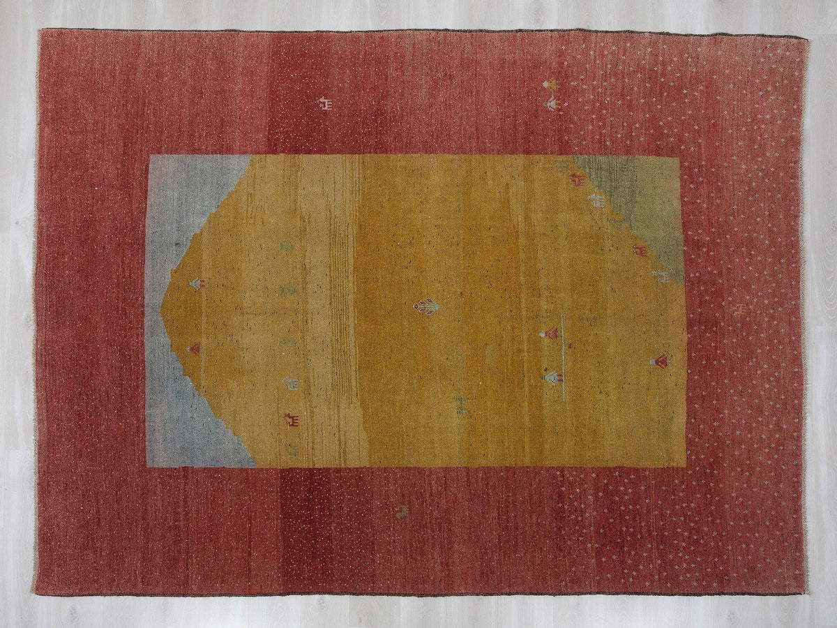 Unusual Pattern Yellow Red Vintage Turkish Wool Carpet Rug: 7.5x9.6 Feet,Oversize Handmade Rugs.